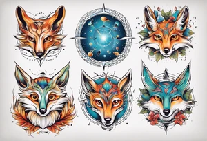 fisch, fuchs und eule , symetrie universum, bunt tattoo idea