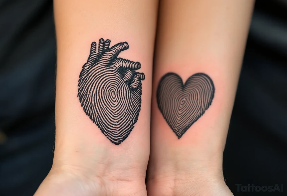 Matching fingerprint hearts in black ink, customized from each other’s actual prints. tattoo idea