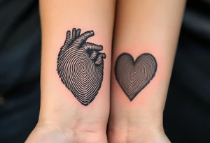 Matching fingerprint hearts in black ink, customized from each other’s actual prints. tattoo idea