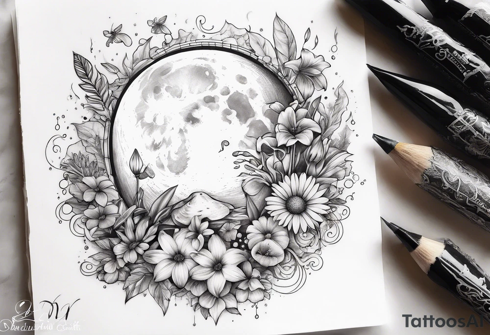 moon with crystals, mushrooms, and lily’s and daisy’s tattoo idea