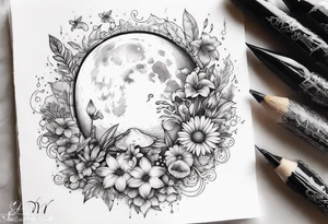 moon with crystals, mushrooms, and lily’s and daisy’s tattoo idea