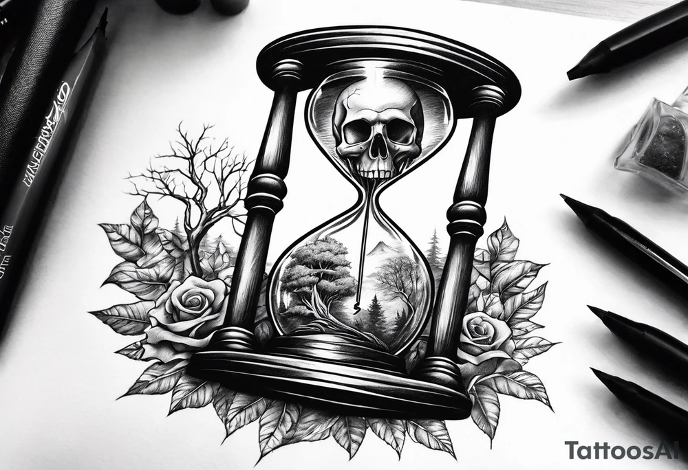 Hourglass with skull and tree inside tattoo idea