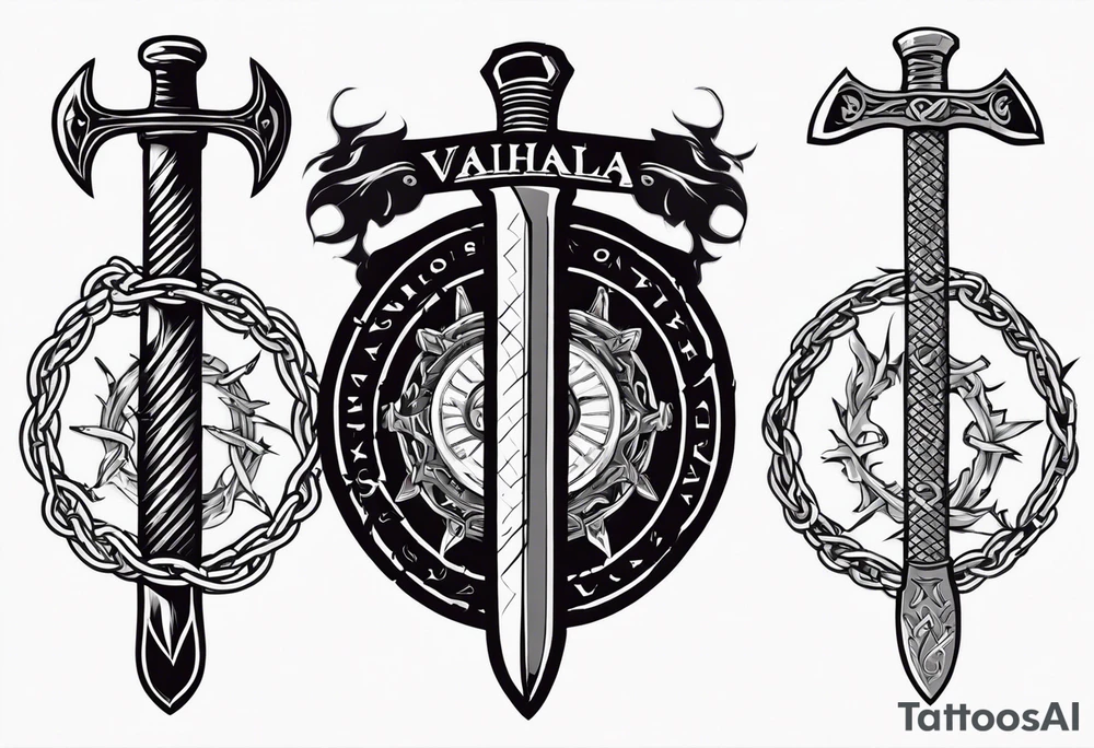 Valhalla sword round shield axe barbed wire chains dark cloud tattoo idea