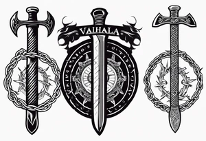 Valhalla sword round shield axe barbed wire chains dark cloud tattoo idea