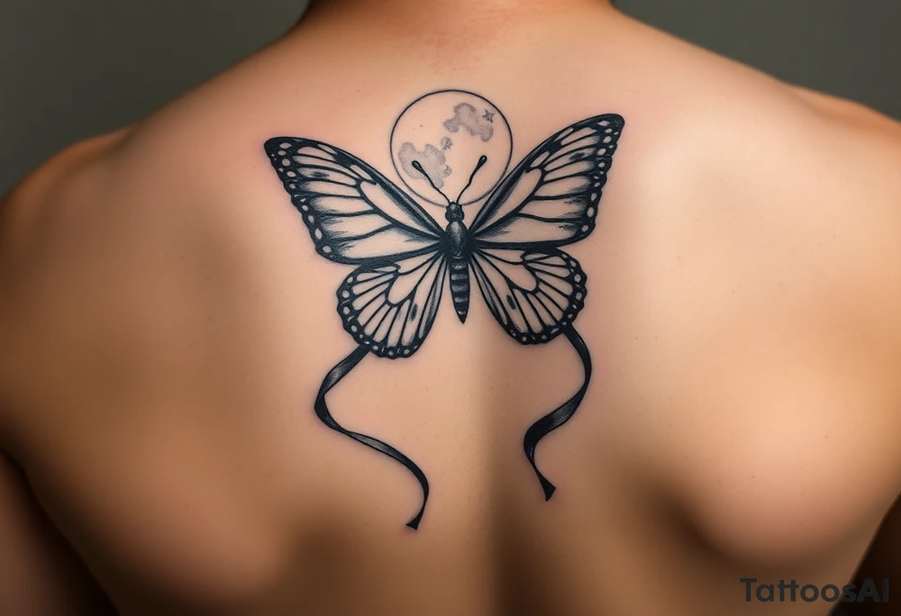 ethereal butterfly with flowing silk ribbons in moonlight tattoo idea