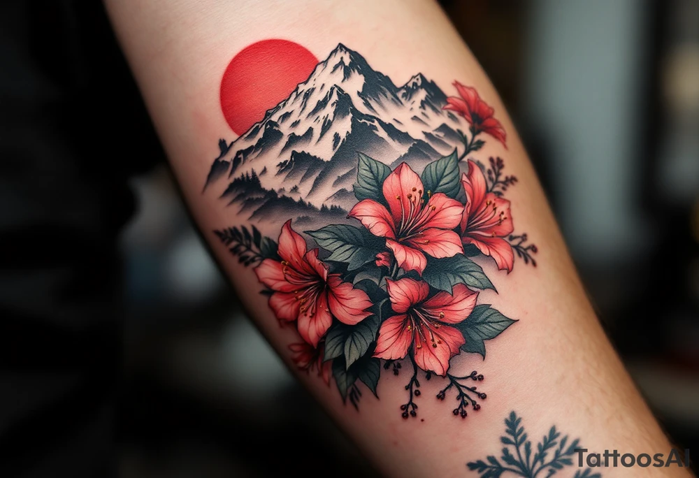 red  and black rhododendron trippy with Himalayas behind tattoo idea