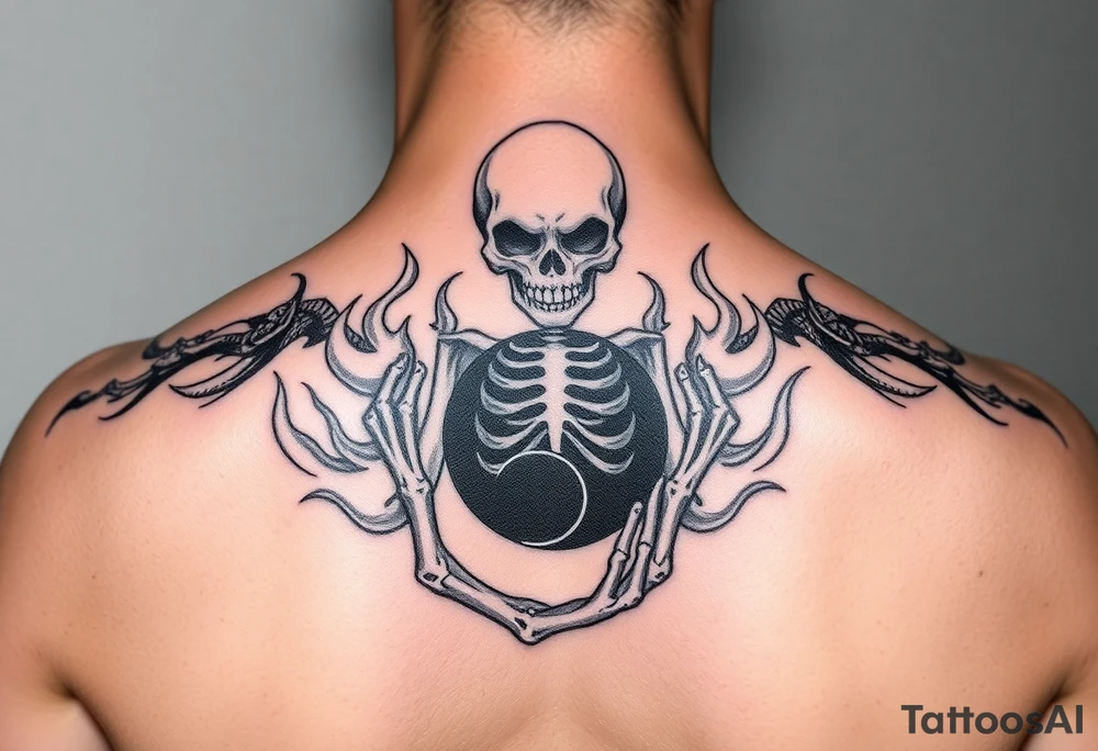 female skeleton surround by subtle flames holding the black half of the yin yang in her hand tattoo idea