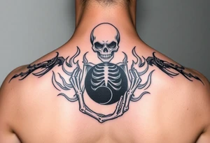 female skeleton surround by subtle flames holding the black half of the yin yang in her hand tattoo idea