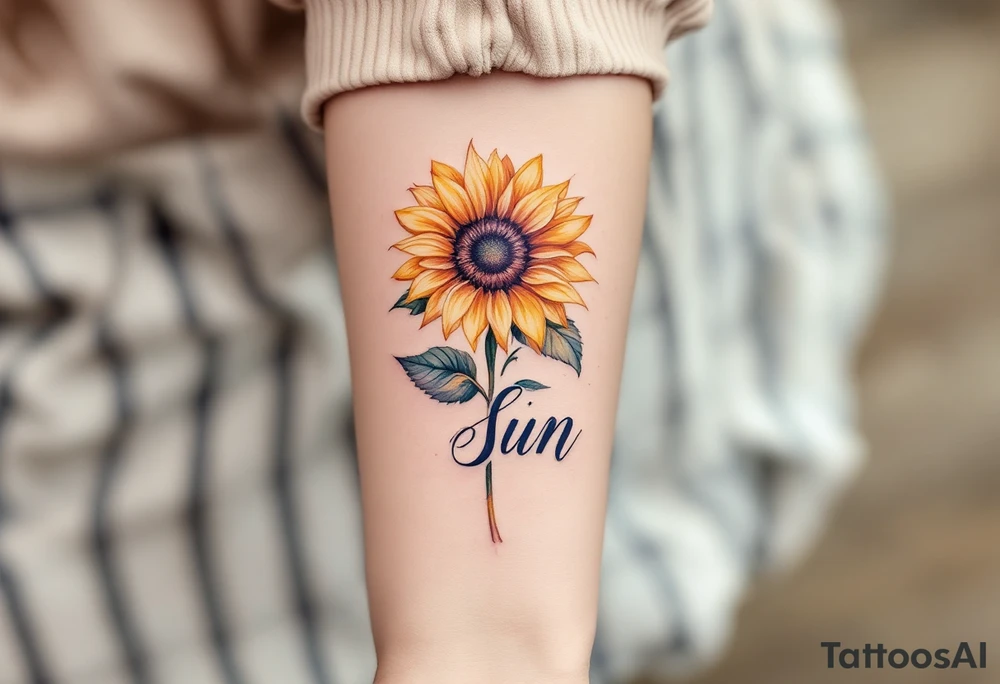 Word "Sun" written vertical with sunflower tattoo idea