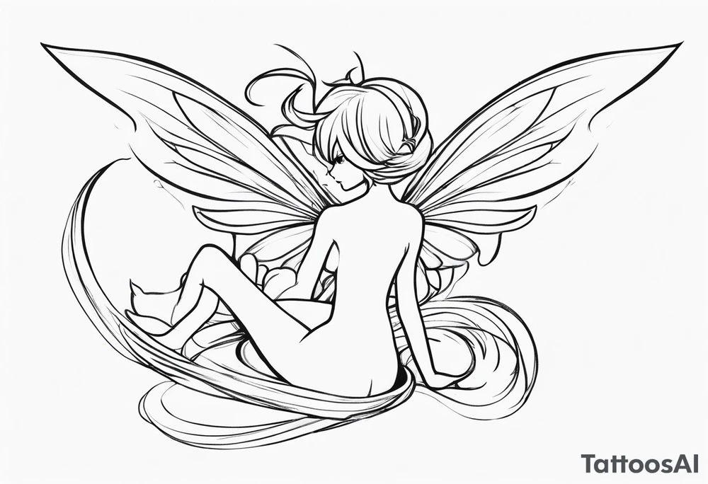 No color sketch of a fairy with a tail inspired by the guild symbol in the anime show called Fairy Tail in a fetal position leaning in and forward while crawled in hugging herself floating with hands a bit forward tattoo idea