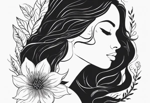 she is fire and flowers, feminist tattoo, strong but really delicate, fine lines. No face, silouette. Minimalistic, silouette only, fine lines, no face tattoo idea