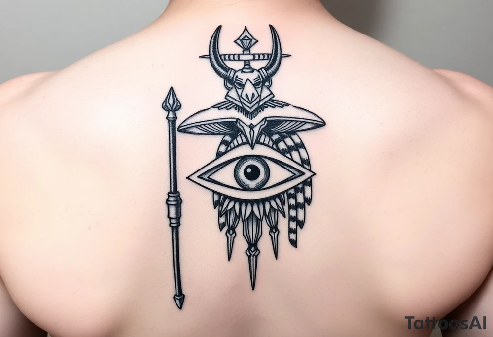 "Anubis as gold ufo. His staff is a satellite antenna. Floating Eye of Horus is a blockchain audit log.  

Style: Hyper-detailed blackwork. Thigh/calf placement." tattoo idea