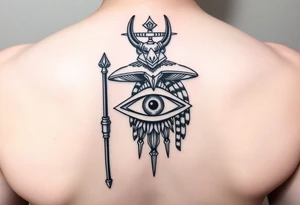 "Anubis as gold ufo. His staff is a satellite antenna. Floating Eye of Horus is a blockchain audit log.  

Style: Hyper-detailed blackwork. Thigh/calf placement." tattoo idea