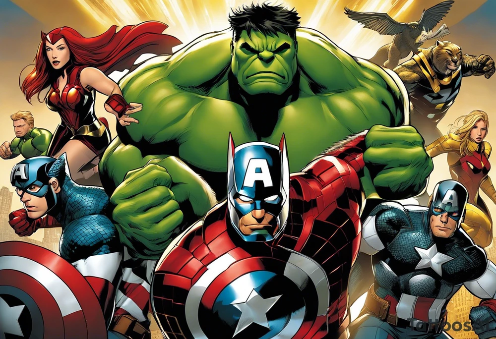 I want to change Avengers Team characters with animals. Hulk will be represented by a Badger.
Thor will be depicted as an Alpha Grey Wolf.
Captain America will be symbolized by a Bull.
Iron Man's character will be embodied by a Canary.
Black Widow's role will be portrayed by an Axolotl.
Hawkeye will be depicted as a Sudan Plated Lizard.
Nick Fury will be represented by a Cat. tattoo idea