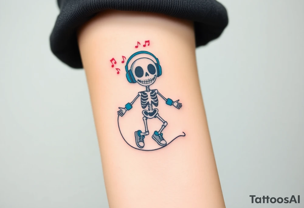 smiley skeleton with love shape in his eyes jumping on a jump rope with blue headphones and blue armbands and blue sneakers with colorful music notes around his head tattoo idea