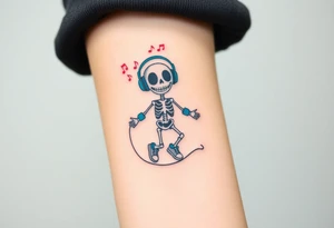 smiley skeleton with love shape in his eyes jumping on a jump rope with blue headphones and blue armbands and blue sneakers with colorful music notes around his head tattoo idea