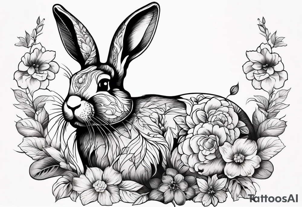 Realistic rabbit head in the middle of realistic flowers and leaves tattoo idea