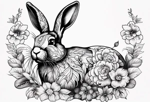 Realistic rabbit head in the middle of realistic flowers and leaves tattoo idea