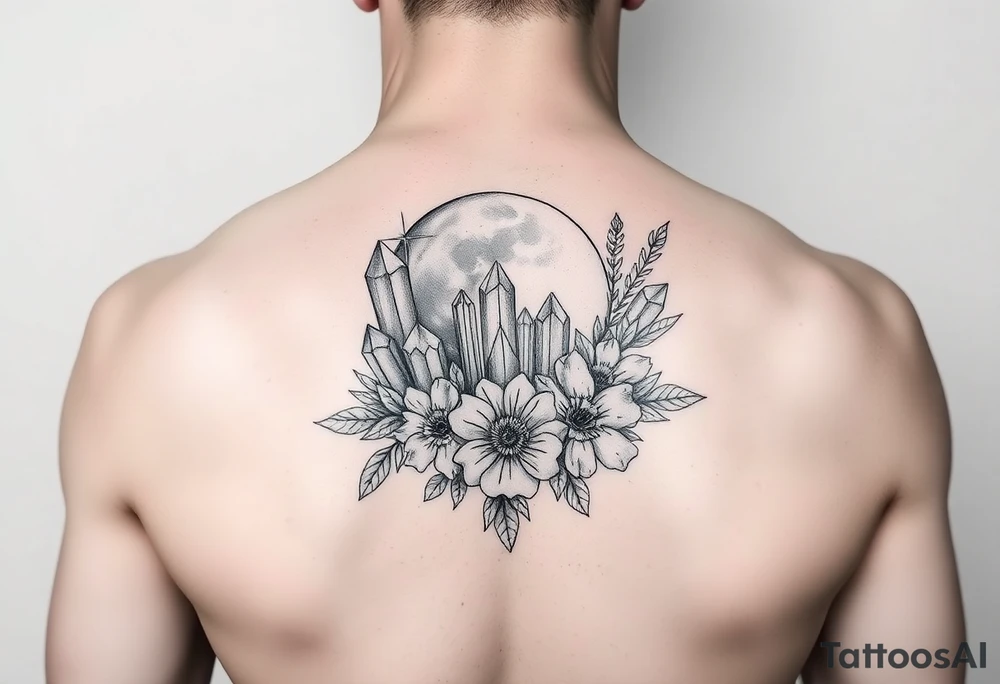 crystals and half the moon and flowers tattoo idea