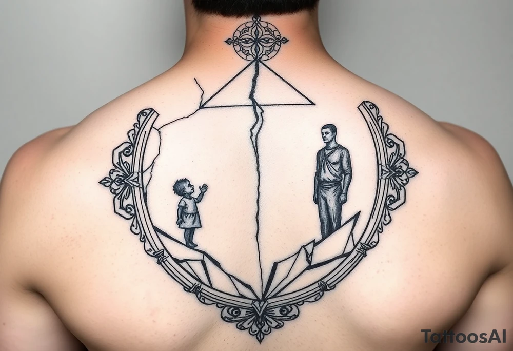 Abstract geometric mirror tattoo design, broken/cracked ornate mirror frame, dual reflection showing silhouette of small child reaching upward on one side and strong adult figure on opposite side, black and grey, geometric fragments, sacred geometry elements, upper arm placement, vertical composition, minimalist line work with detailed shading, emotional duality theme tattoo idea