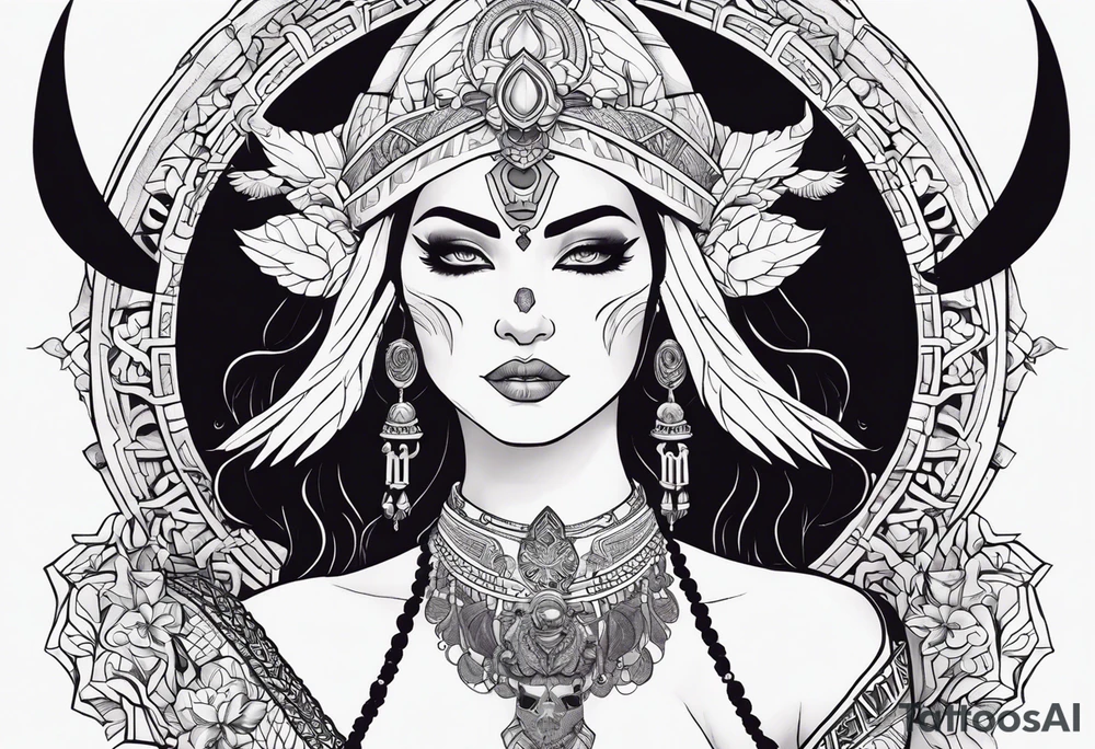 kali ma, alien goddess, valkrye, aries, pirate, divine feminine, zenza resonance, pachamama, lotus azul, blank panther, eagle, skull, 5D, nueva gaya, dna 12, left side chest tatoo tattoo idea
