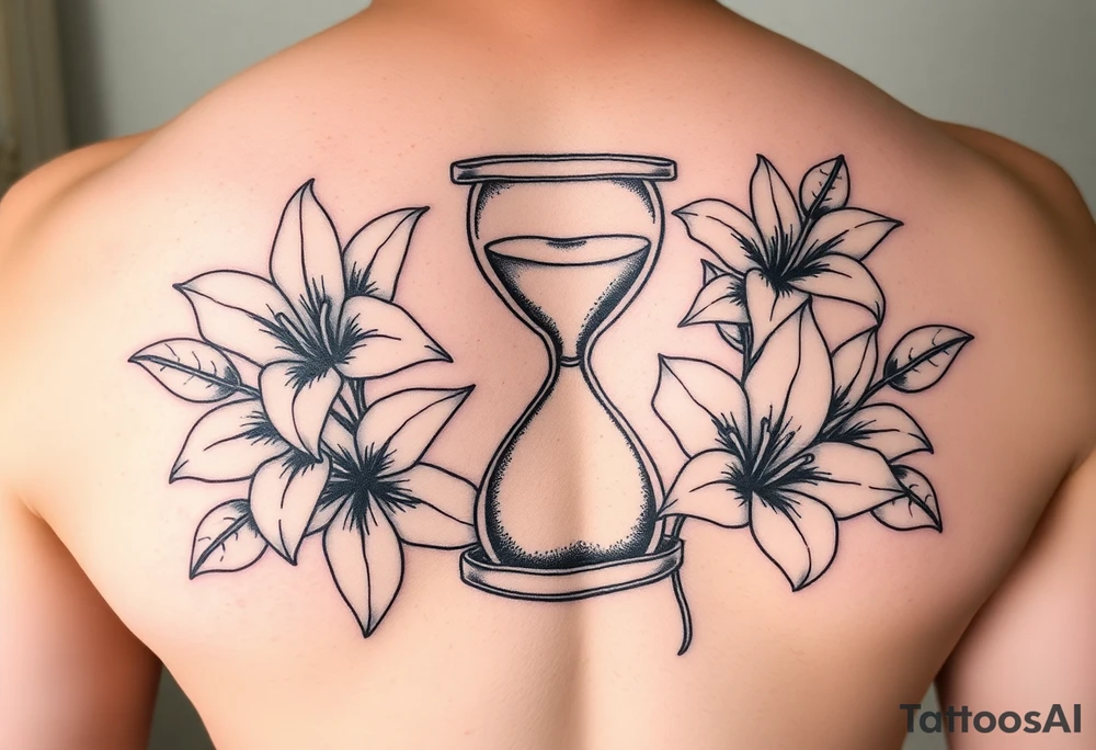 Hourglass and lillies, realistic, black and white tattoo idea