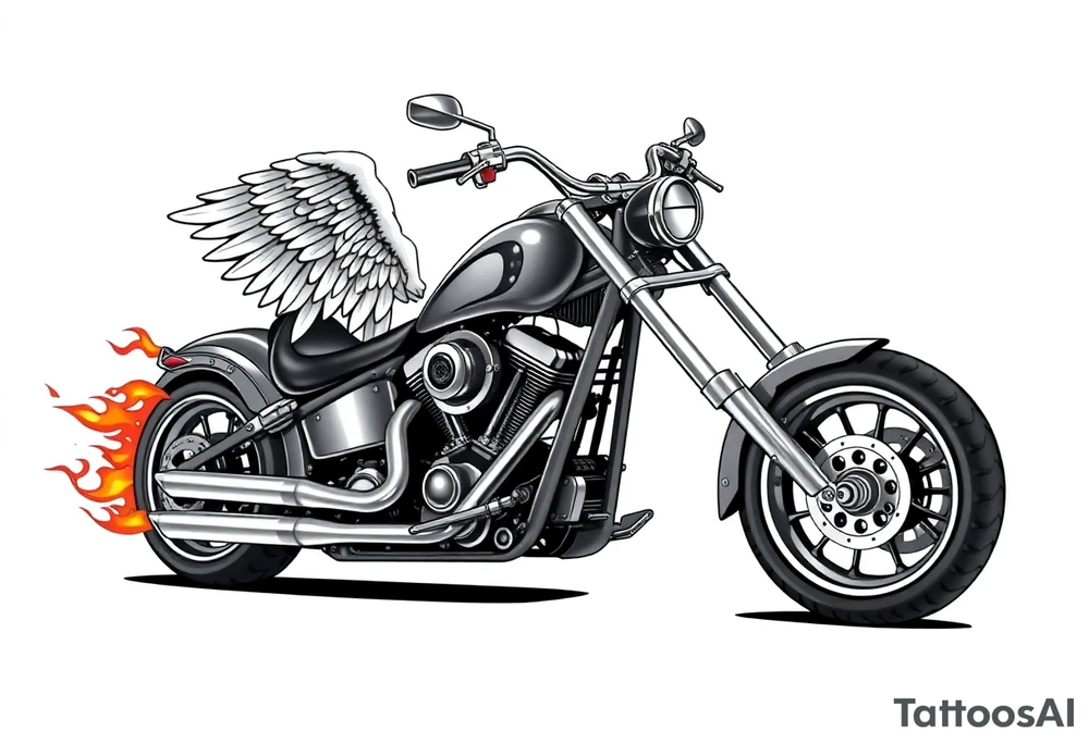Low rider grey motorcycle, big muffler pipes with flames, angel wings, driving away, no person tattoo idea