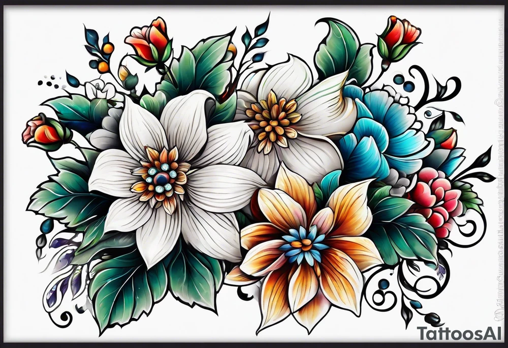 Floral leg piece with beading and lace tattoo idea. colorful, old school flowers, highly detailed, florals. white background. intricate highly detailed, tattoo idea