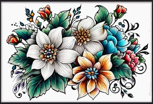 Floral leg piece with beading and lace tattoo idea. colorful, old school flowers, highly detailed, florals. white background. intricate highly detailed, tattoo idea