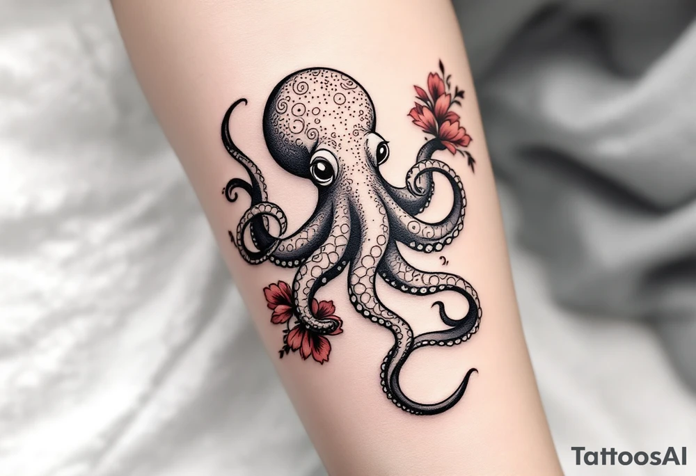 A small realistic black and grey tattoo of an octopus, cute, with detailed shading and soft linework, showing the octopus with swirling tentacles, on light skin. ornamental flowers around with red ink. The style is minimalistic and elegant, resembling fine-line tattoo with a shadow tattoo idea