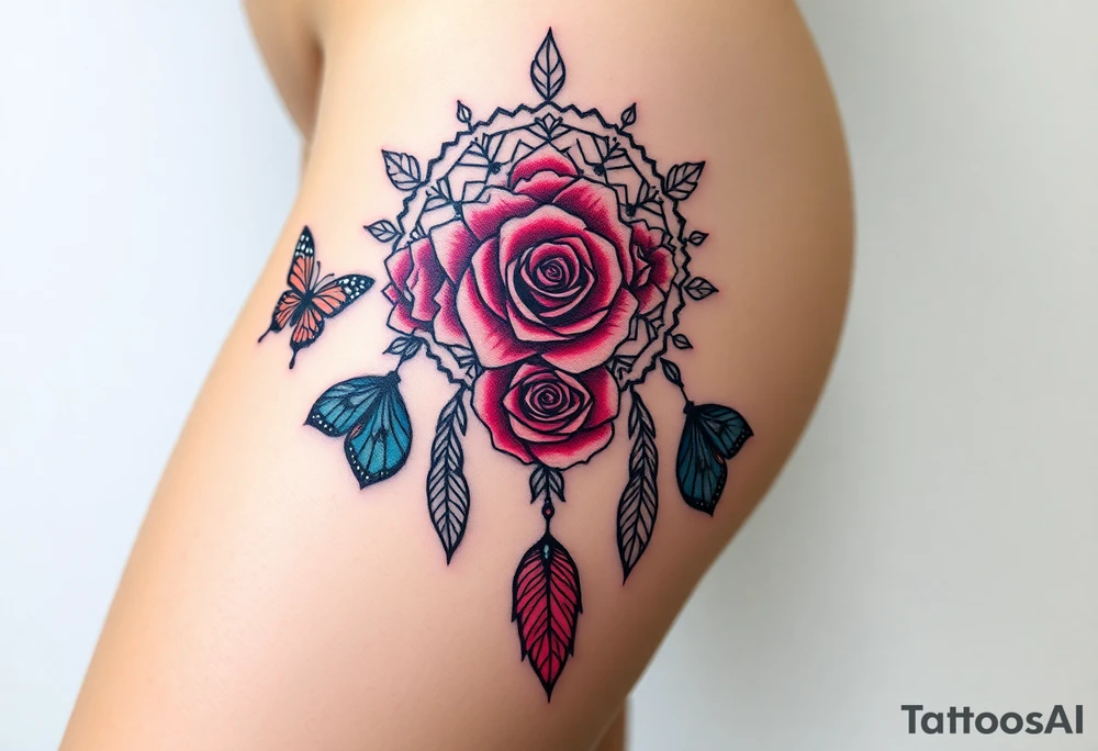 Beautiful Dreamcatcher roses and butterflies tattoo idea