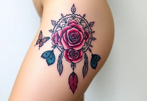 Beautiful Dreamcatcher roses and butterflies tattoo idea