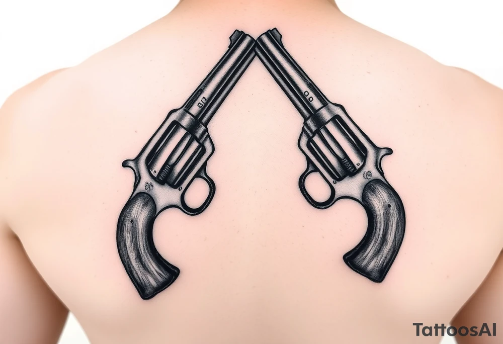 2 revolvers with wooden handles pointing down with barrels crossing one another tattoo idea