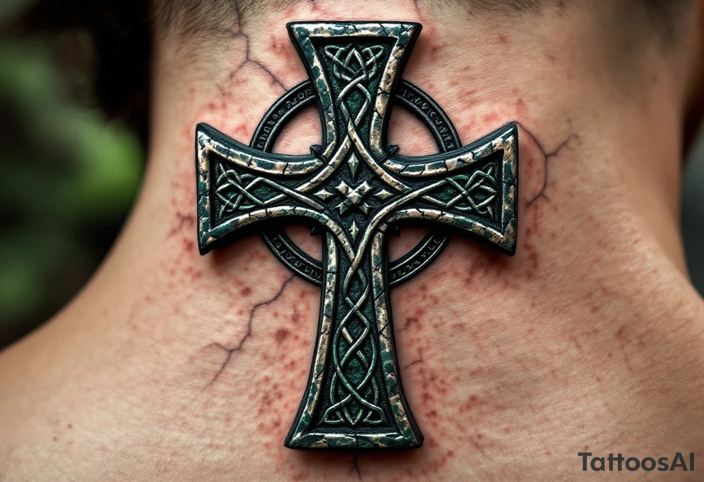 A rugged stone-textured Celtic cross, weathered with cracks and mossy green highlights for an ancient feel. tattoo idea