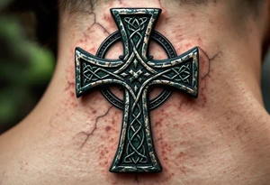 A rugged stone-textured Celtic cross, weathered with cracks and mossy green highlights for an ancient feel. tattoo idea