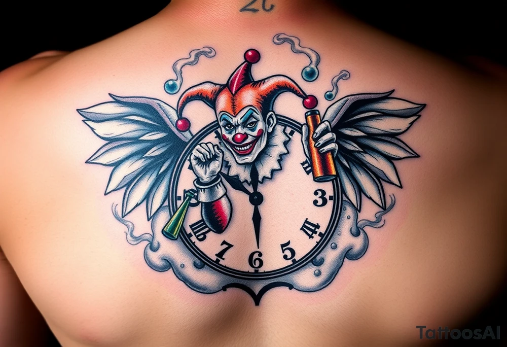 a jester clown floating in smoke with a  clock, the time says 420,  with two open wings besides the clock, smoke as the spring rising from the clock, a jester clown coming out the smoke, smoking in one hand with a liquor bottle on the other hand tattoo idea