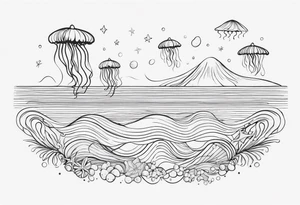 Ocean/waves, with/jellyfish/starfish/shells, for woman’s wrist tattoo idea