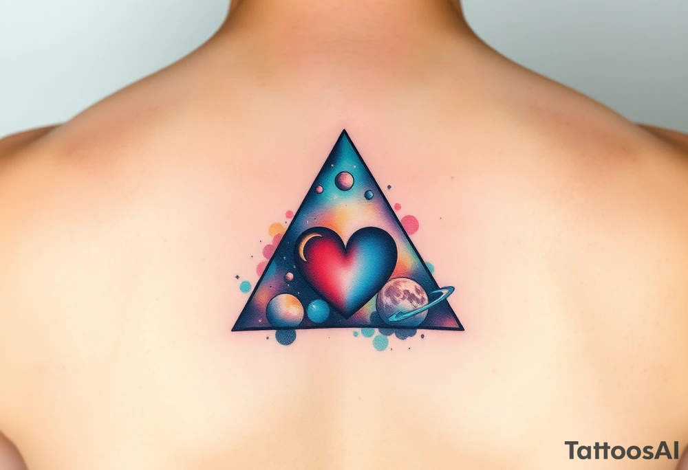 A single triangle with a heart in the center with planets and galaxy in background tattoo idea