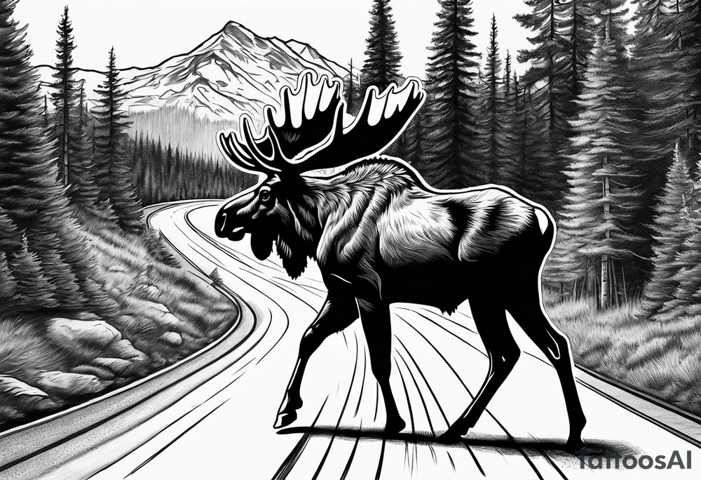 moose on road which goes between the forest. mountain background tattoo idea