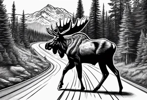 moose on road which goes between the forest. mountain background tattoo idea