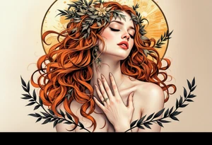 Alfons Mucha’s dreamy maiden with cascading red hair, embraced by copper-toned halos and intricate olive branches. tattoo idea