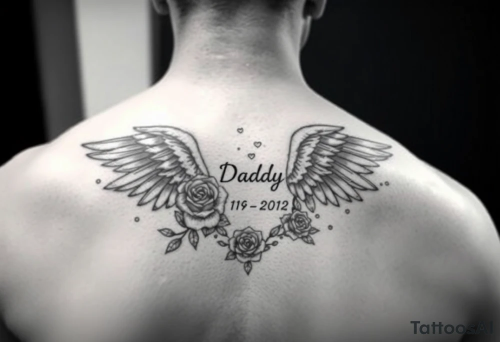 In memory of daddy angel wings and roses with dates 
For rib tattoo tattoo idea