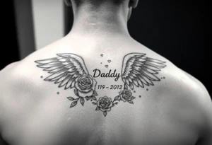 In memory of daddy angel wings and roses with dates 
For rib tattoo tattoo idea