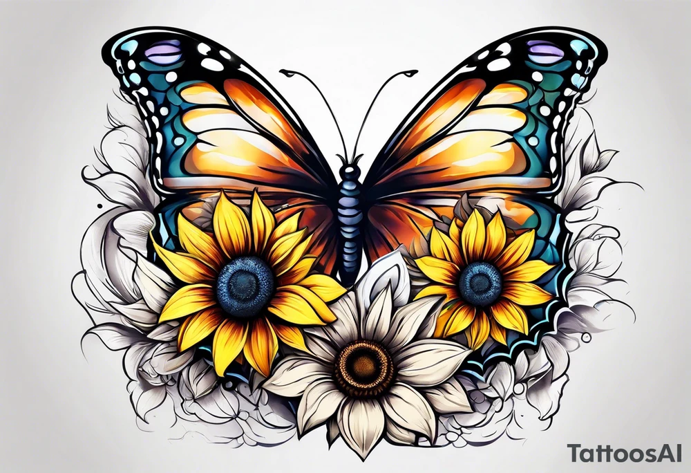 Sunflower and butterfly leg sleeve tattoo idea