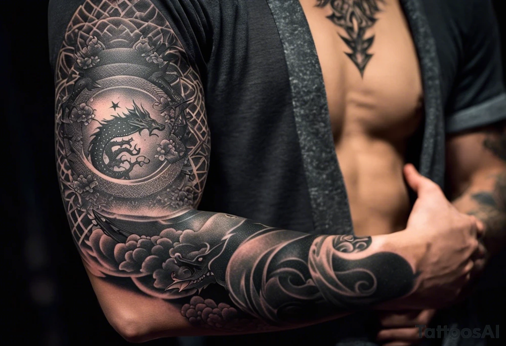 Design a full sleeve tattoo that incorporates a combination of Japanese and geometric themes. Central elements include a fierce dragon intertwined with a katana, symbolizing power and protection, with a samurai warrior standing strong in traditional armor. Surrounding this, integrate a galaxy scene with stars and nebulae, blending into the background to create a cosmic, otherworldly feel. Incorporate geometric patterns like the golden ratio, detailed lines, and precise shapes for structure and flow. Add traditional Japanese waves and delicate sakura blossoms scattered throughout, representing harmony and beauty, all merging into a cohesive design that wraps around the entire arm tattoo idea