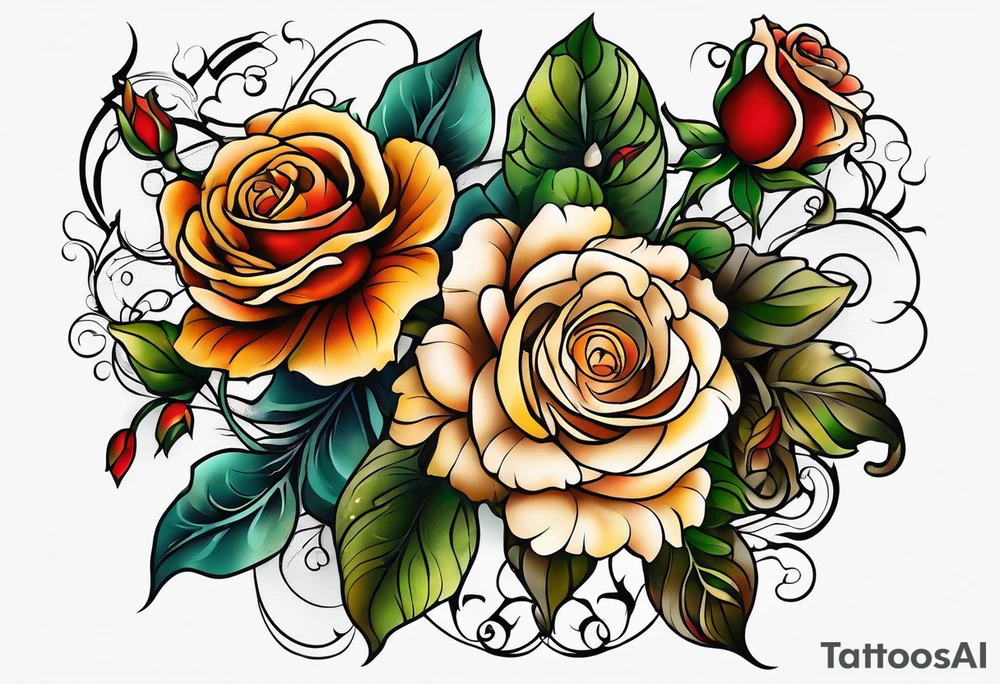 Front knee tattoo with fall colors, small flowers, rose, leaves, water flow and background tattoo idea