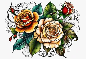 Front knee tattoo with fall colors, small flowers, rose, leaves, water flow and background tattoo idea