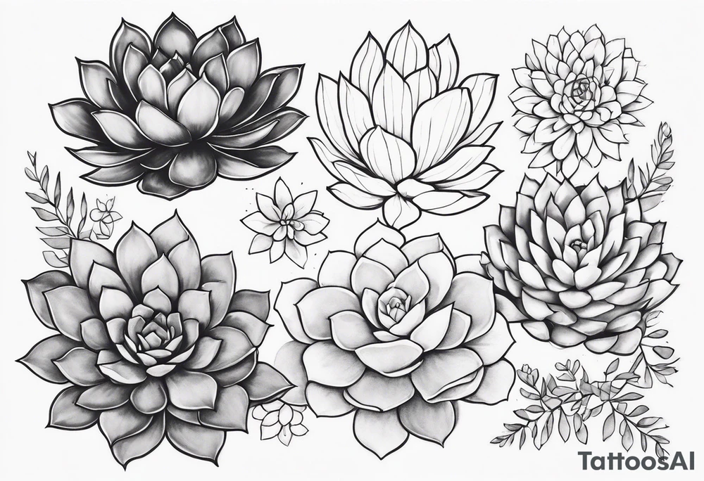 fine line. one big succulent in the middle. One smaller succulents on each side. Dots and floral
. Sternum tattoo grey scale shading tattoo idea