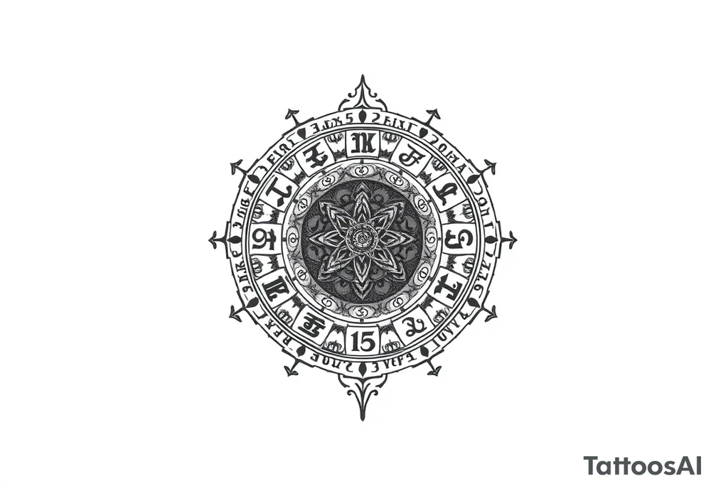 zodiac symbols and Norse runes within ornate clockwork mechanism tattoo idea