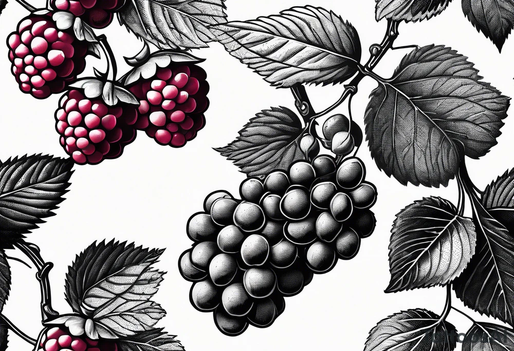 a single raspberry branch with lots of leaves that is hanging upside down with small raspberries on it tattoo idea